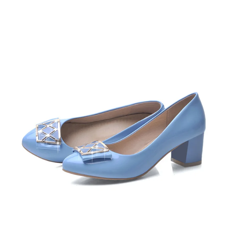 

Ladies Sexy Elegant Rhinestone Big Size 26.5cm Patent Leather Pointy Toe Square Med Heels Women Buckle Shoes Summer Style Girls