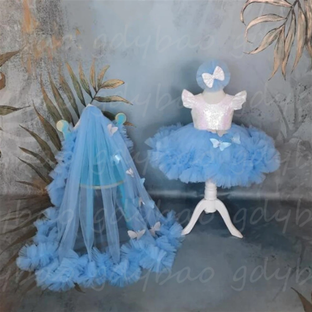 

Simple Baby Flower Girl Dress Fluffy Short Sleeve Sparkle Blue Bow Kid's Child Birthday Communion Present Evening Baptism Dress