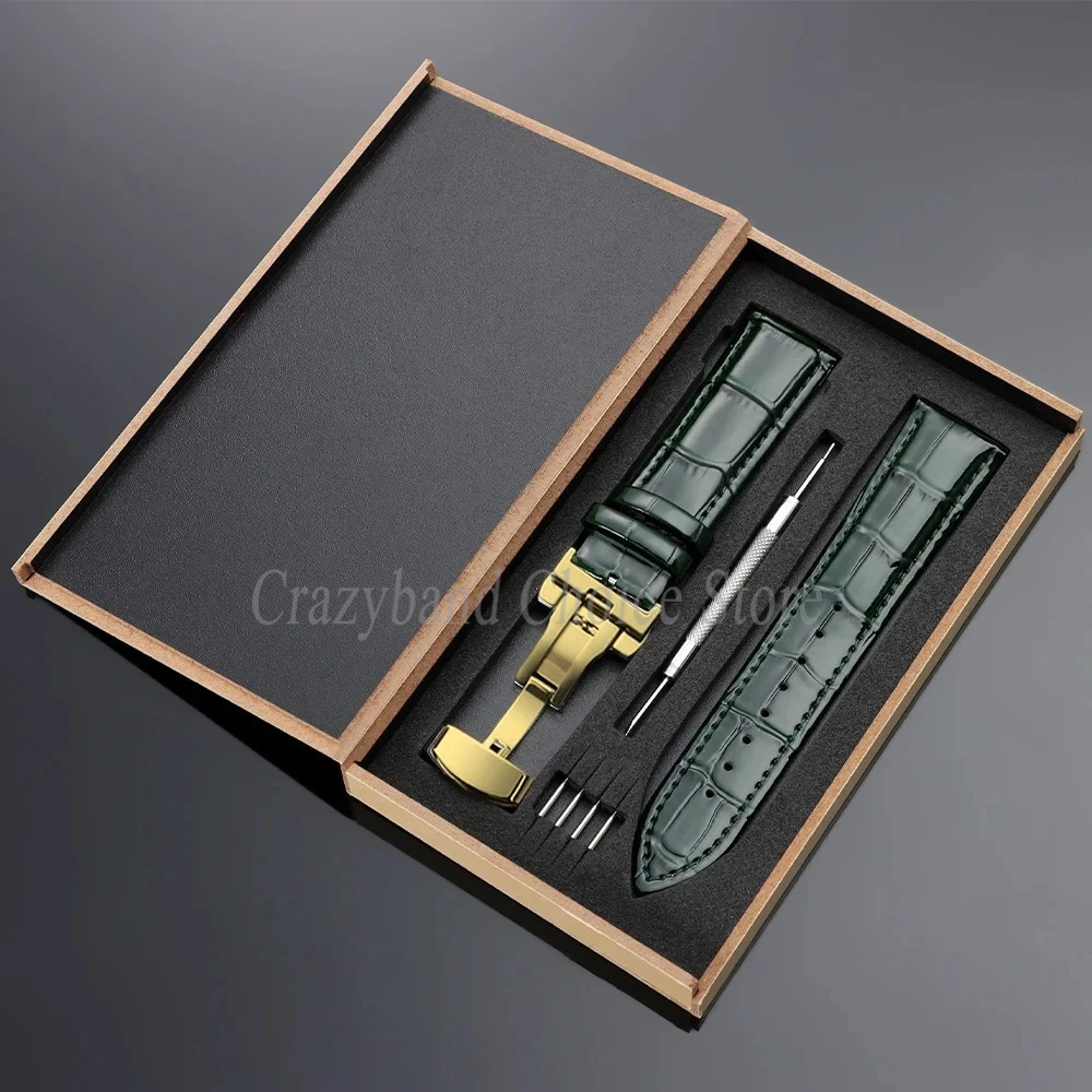 Elegant Leather Watch Strap with Metal Butterfly Clasp and Wooden Box (14mm-22mm)