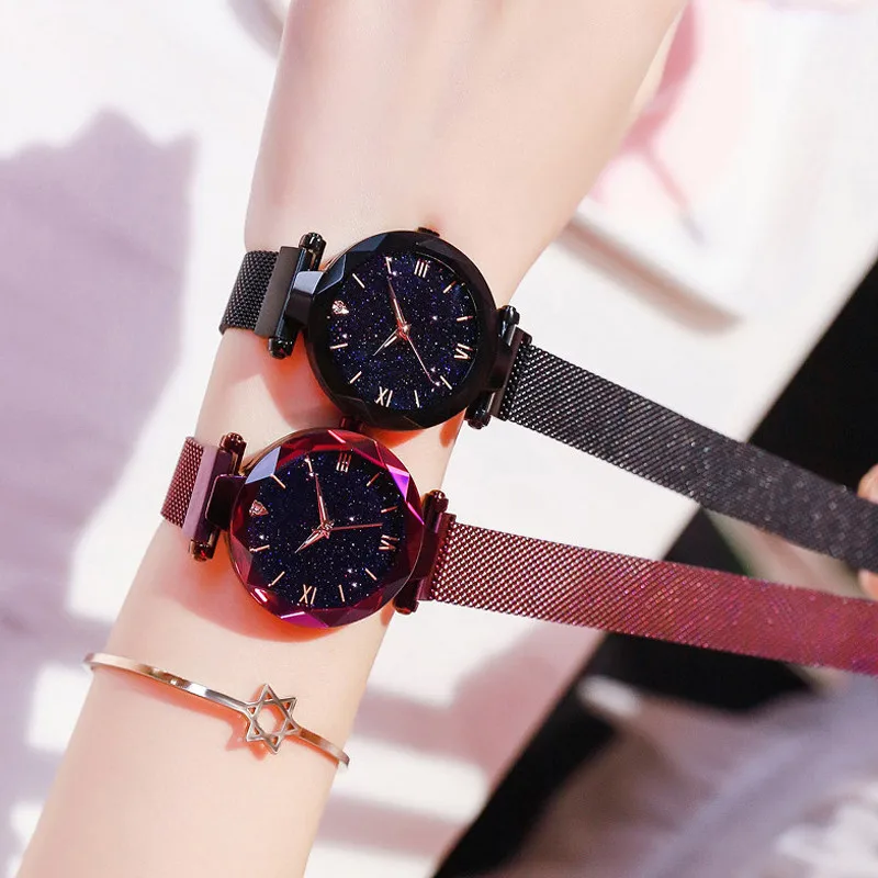 Womens Quartz Watch Fashion Starry Sky Magnet Buckle Mesh Belt Diamond