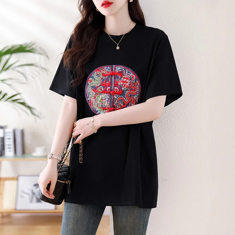 Chinese Style Women's T-shirt Summer New Embroidery Vintage Tees Short Sleeve Loose Women Tops Cotton O-neck Clothing