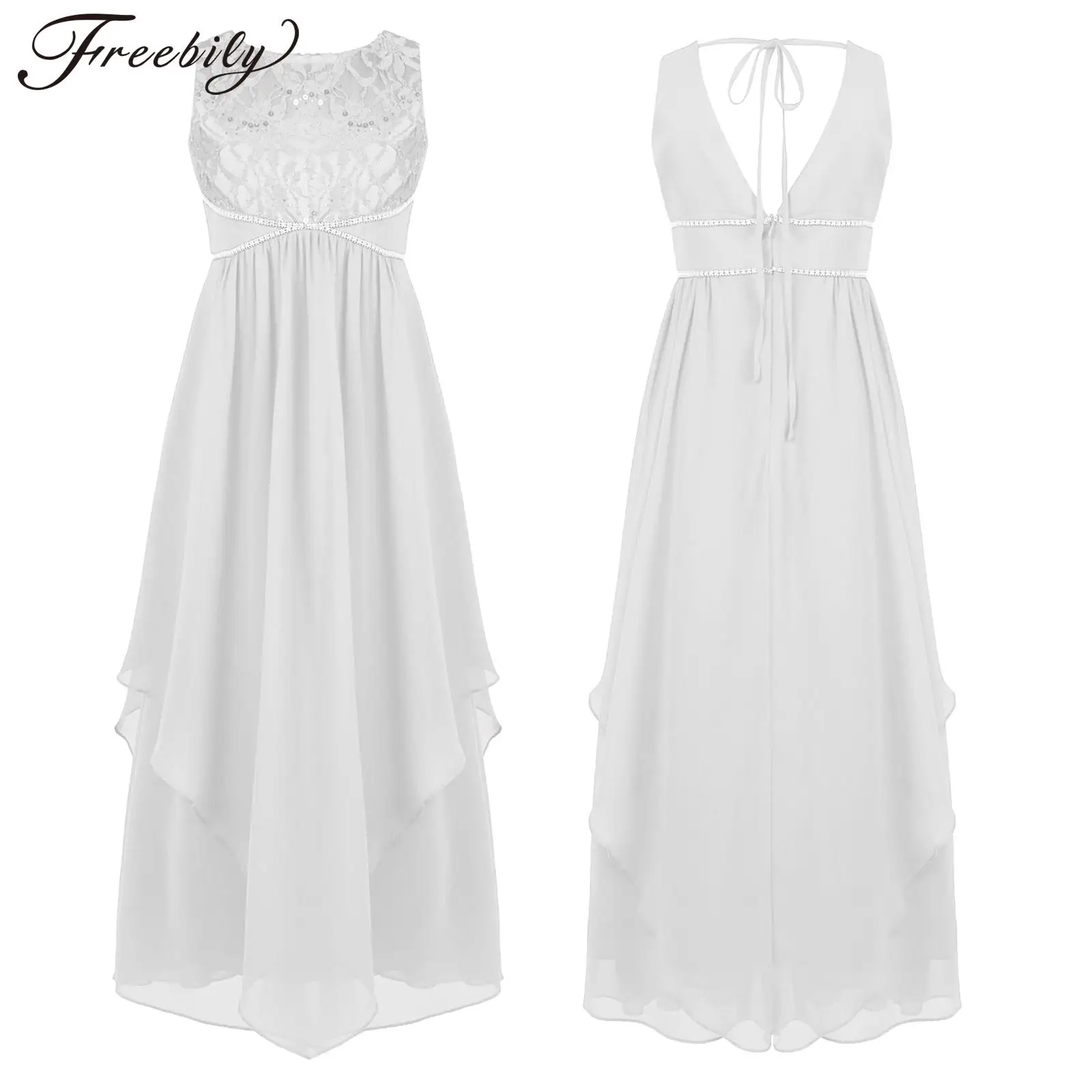 

Kids Girls Elegant White Chiffon Sleeveless Lace Bodice Party Dress with Zippers Shiny Decor Asymmetrical Hem Floor Length Dress