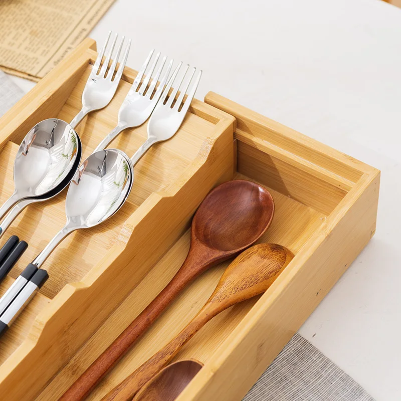 Wooden Storage Box Cutlery Organizer Kitchen Utensil Storage Box Drawer Knife Fork and Spoon Compartment 3