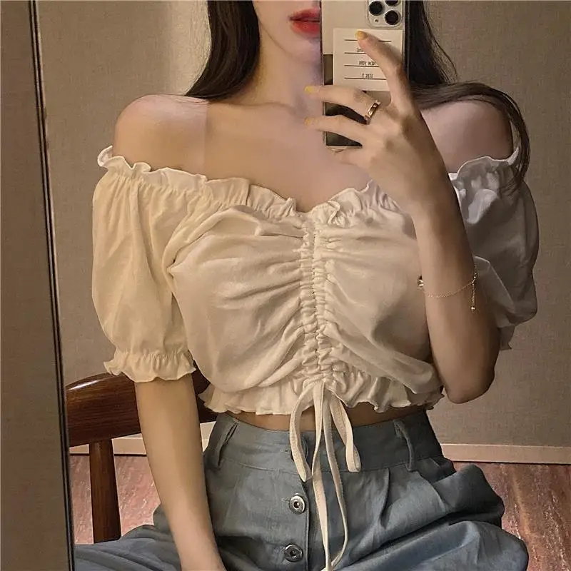 

Fashion Blouses Woman Sexy Off Shoulder Crop Top Ruffles Shirt Puff Sleeve Harajuku Tee Shirt Chiffon Youth Elegant Blouse 2023