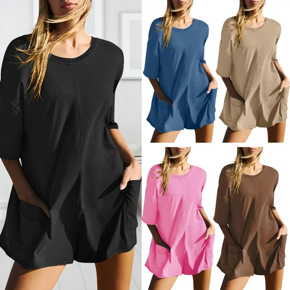 

Women Cotton Blend Romper Stylish Summer Romper with Crotch Big Pockets for Women Soft Round Neck Short Sleeves Solid Color