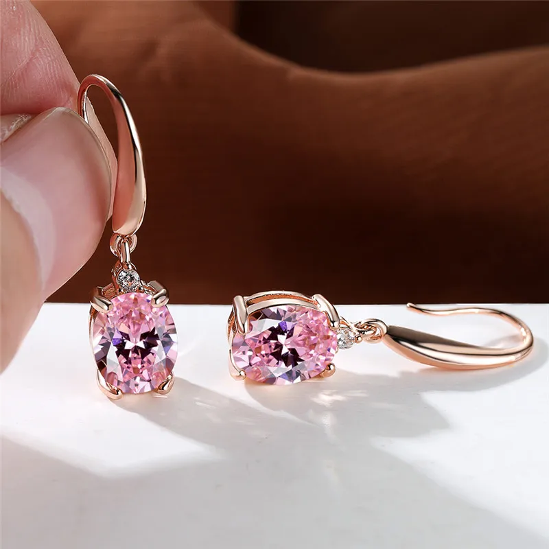 Aqua Blue Zircon Long Dangle Earrings Rainbow Crystal Oval Stone Drop Earrings Trendy Rose Gold Color Wedding Earrings For Women