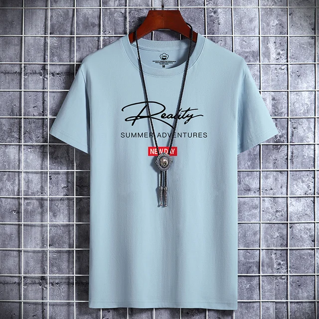 2022 NEW Letter Printing 100% Cotton Men T Shirt Hip-Hop Cotton T-shirt O-neck Summer Male Causal Tshirts Fashion Loose Tees J02 Light blue
