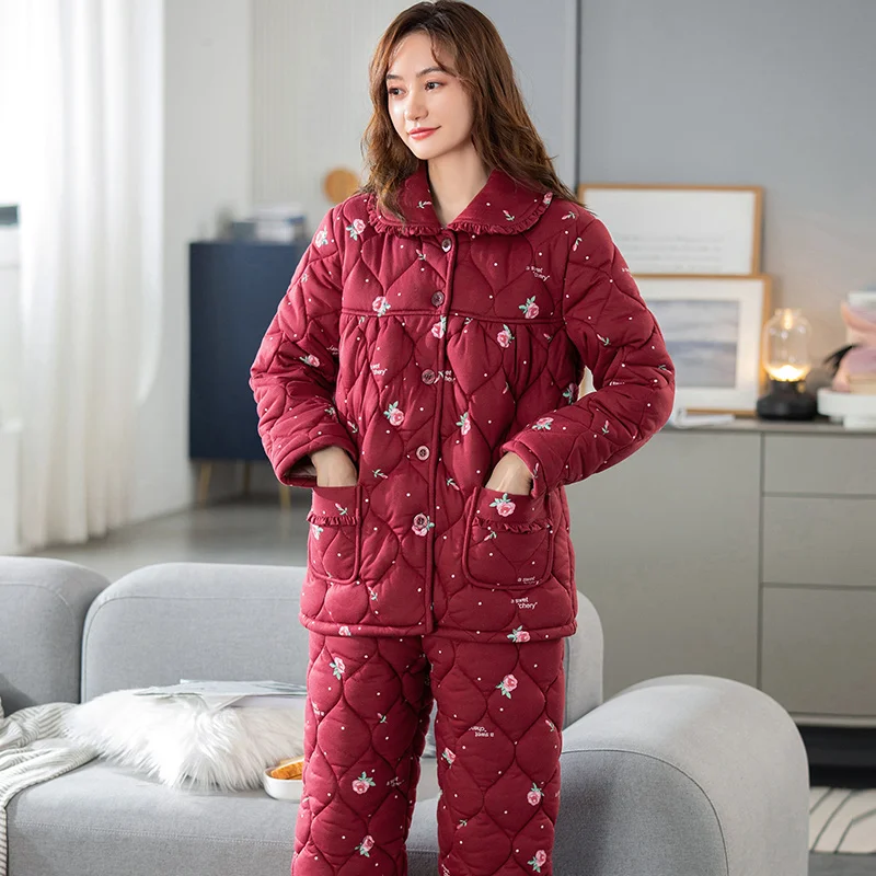 

Winter Flowers Pajamas Women Thick Quilted Pajama Sets Casual Home Clothes Knit Cotton Sleepwear Suits Female's Clothing Pijamas