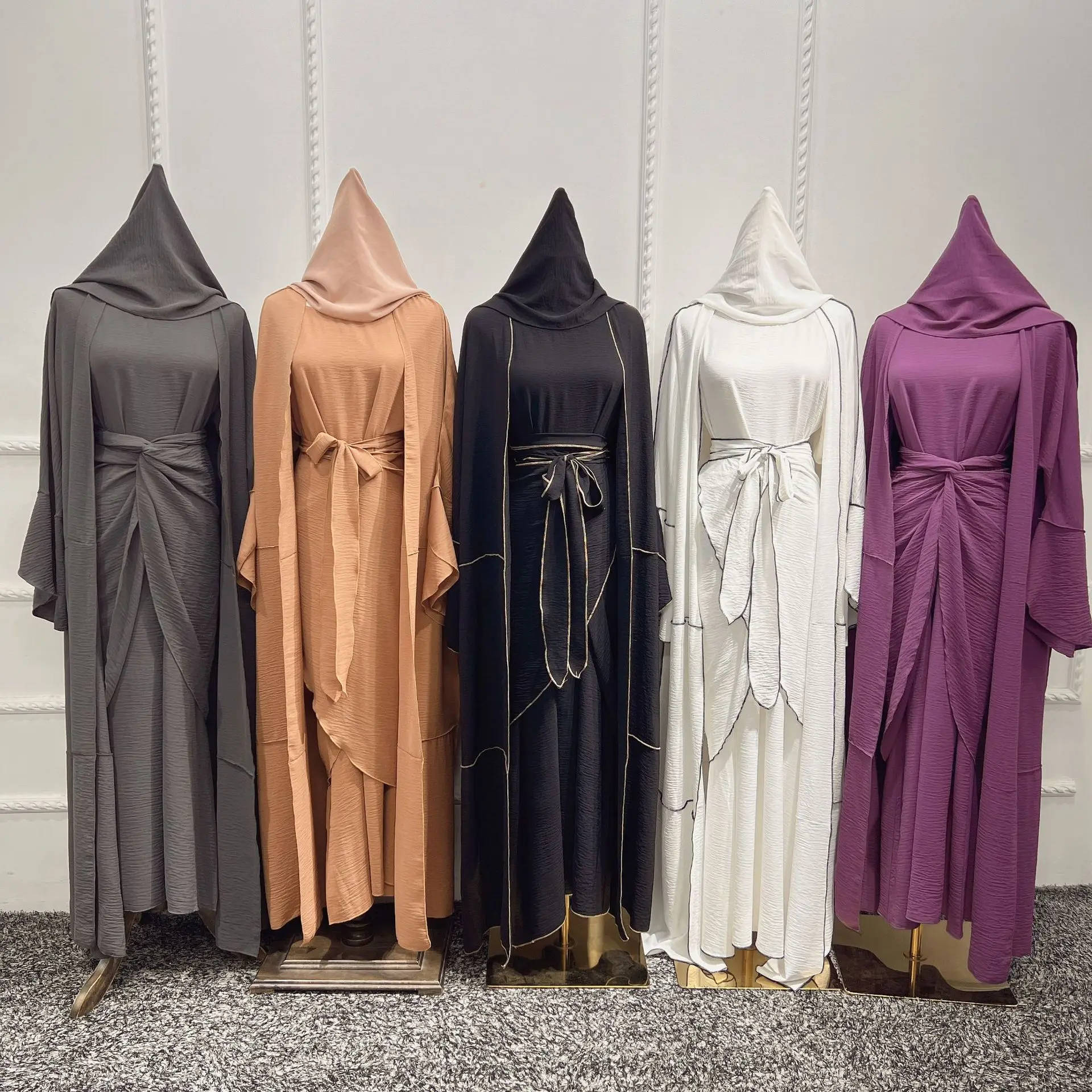 3 Piece Kimono Abaya Matching Muslim Set Hijab Plain Abayas for Women Dubai Turkey Inner Dress African Islam Outfit Kaftan Robe