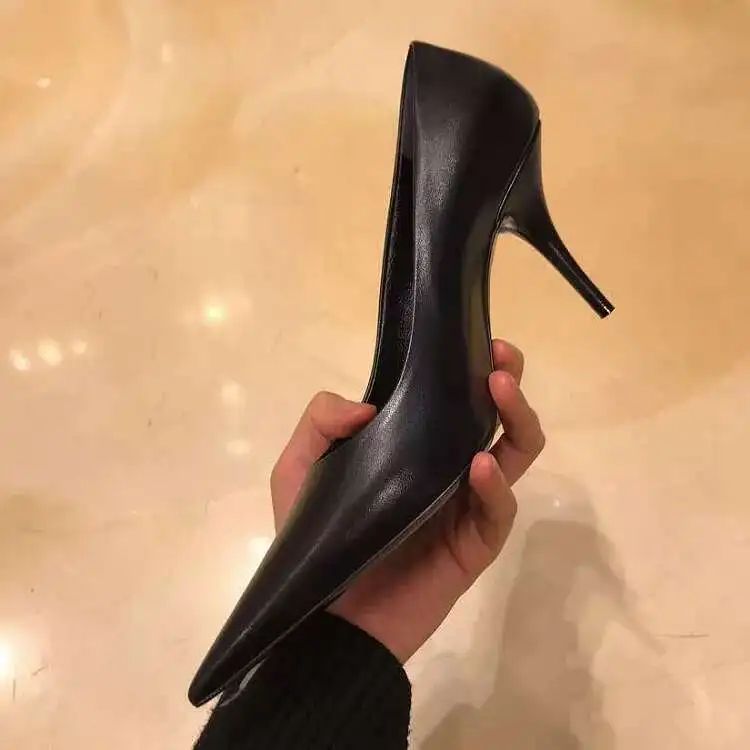 Tacones altos negros para mujer, tacones delgados, puntas de trabajo profesionales, sin tirones, zapatos cómodos de cuero suave para el trabajo