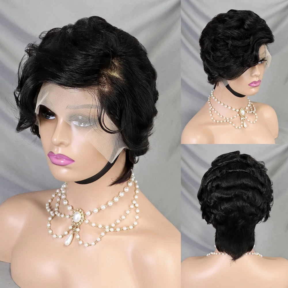 

13x4 Pixie Cut Lace Front Human Hair Wigs Pre Plucked Loose Wave Transparent Lace Frontal Wigs Peruvian Women's Short Wig