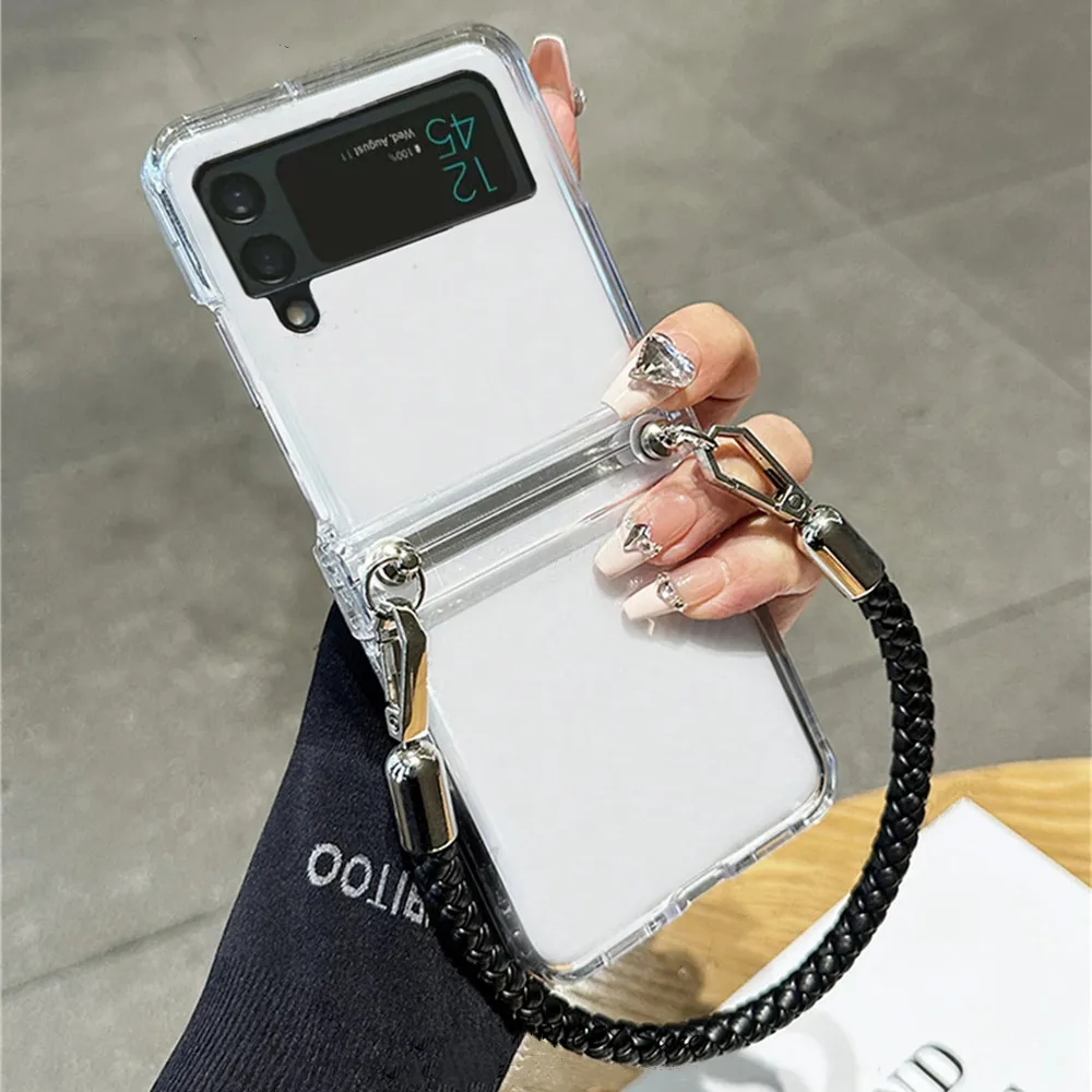 Capa de celular de couro de luxo com alça de mão portátil para Motorola Razr 40 50 Ultra Razr + 2023 2024 Capa protetora de dobradiça transparente_voghion.com
