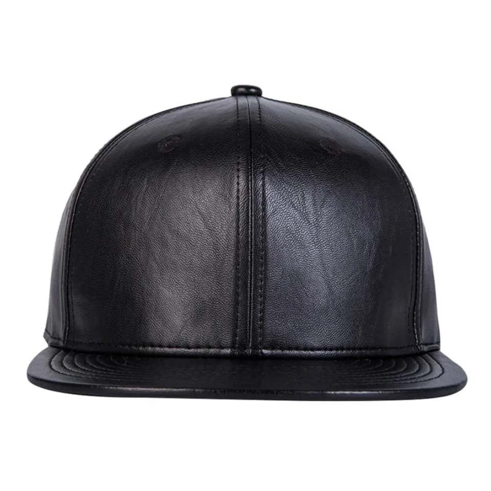 Men Women hip-hop Cap Street Versatile Black Leather flat-brimmed
