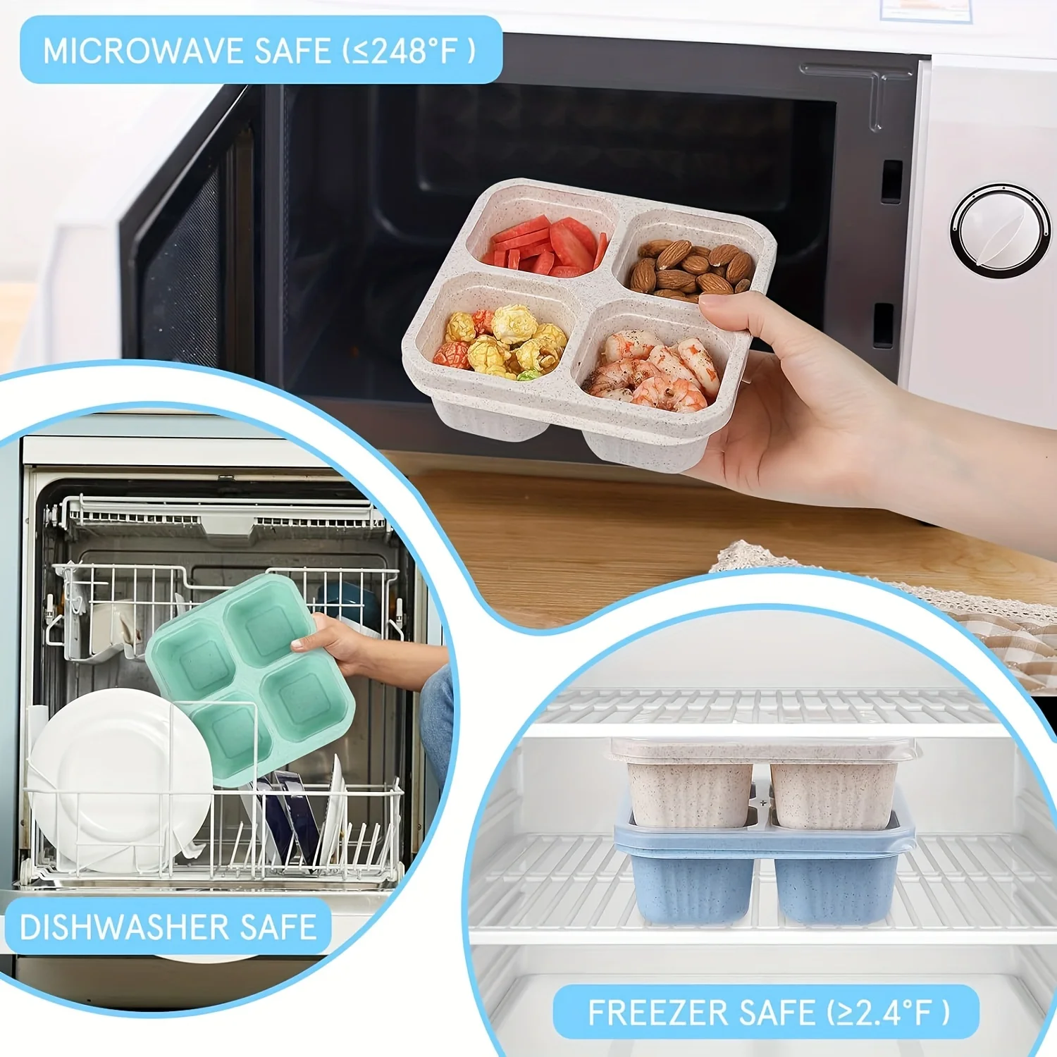 KEMETHY 5 Contenitori Bento Per Snack 4 Scomparti – Riutilizzabili, Divisi, Per Scuola E Lavoro (5 Colori Assortiti)