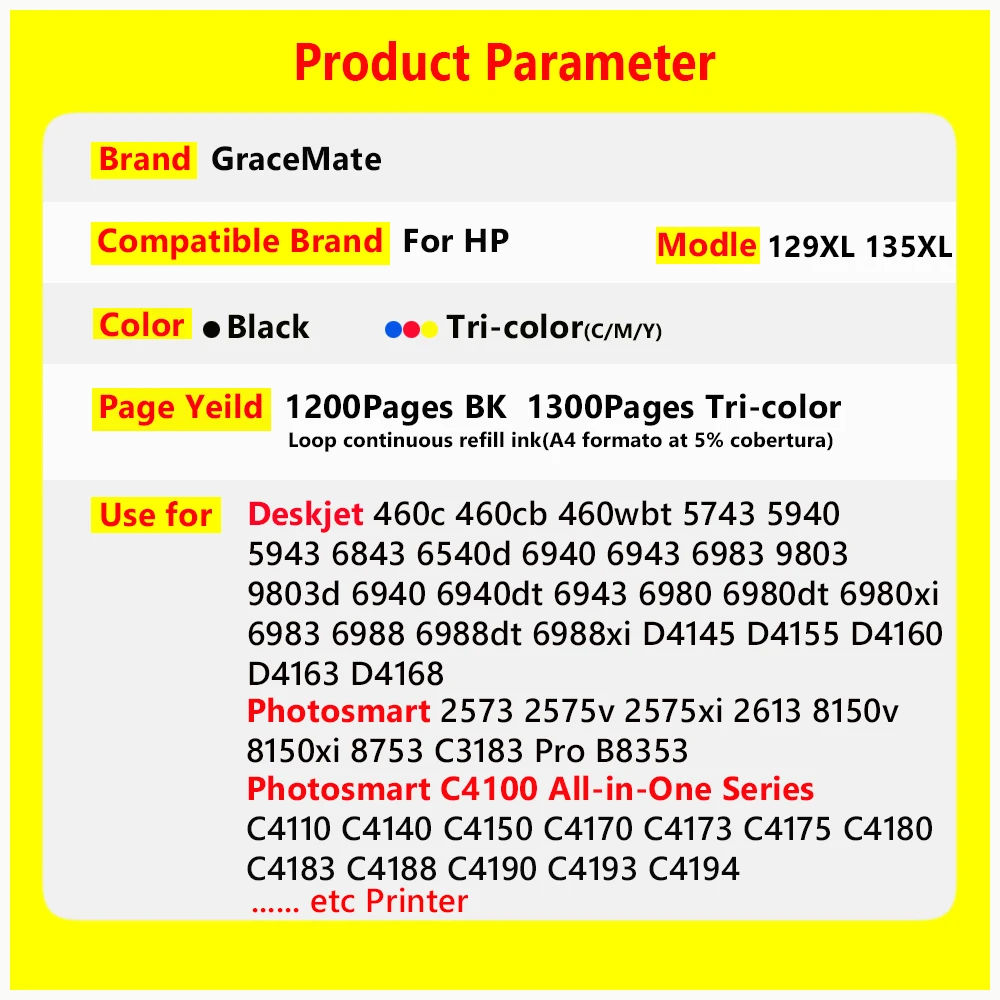 129XL 135XL Ink Cartridge Replacement for hp 129 135 hp129 for Photosmart C4140 C4150 C4170 C4173 C4175 C4180 C4183 