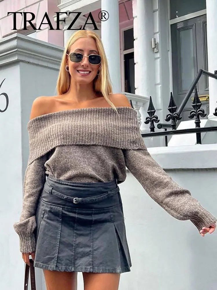 TRAFZA Women Fashion Solid Off Shoulder Sweater Long Sleeve Knitted Pullover Sweater Autumn Female Casual Knitwear Chic Top 5