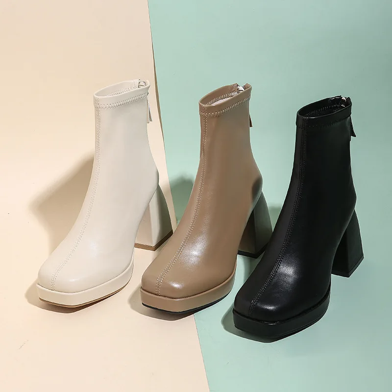 Luxury Women Boots Leather Square High Heel Ankle Boots Round Toe Winter Shoes Woman Comfort Fashion Platform Zipper Boots Black