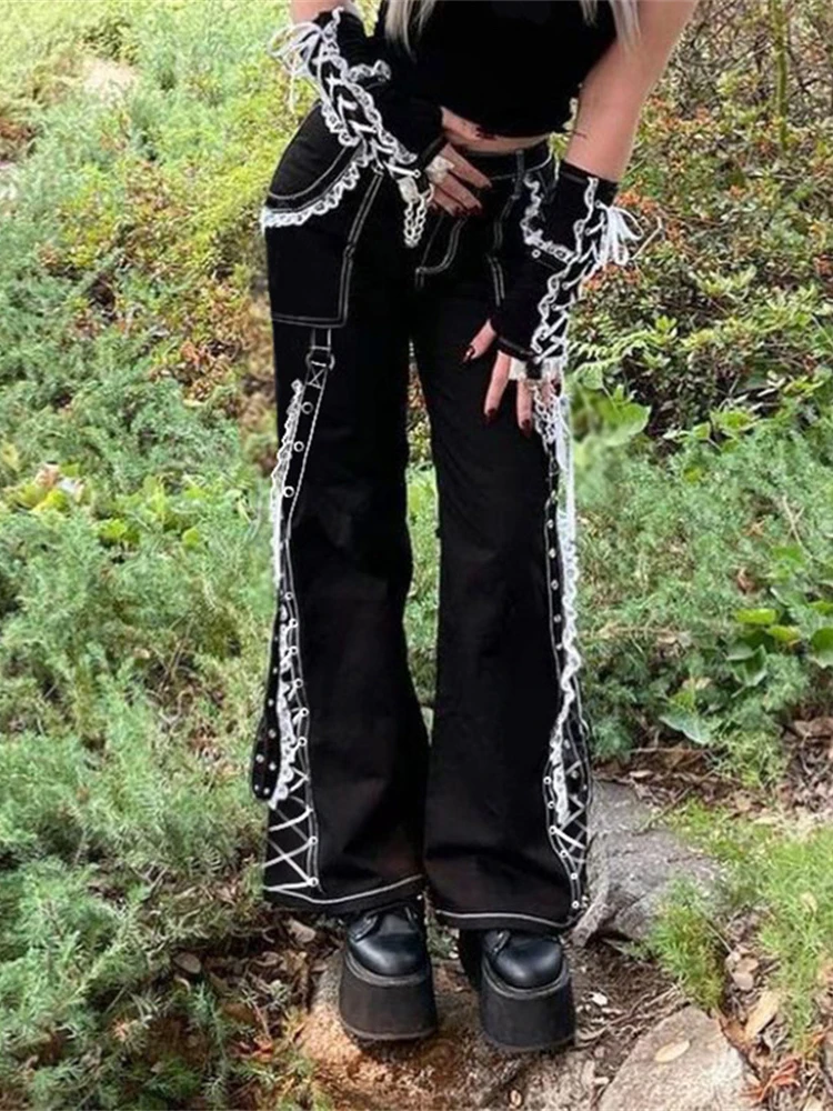 Punk Dark Alt Jeans Women Bandage Denim Pants 90s Gothic Emo Cargo