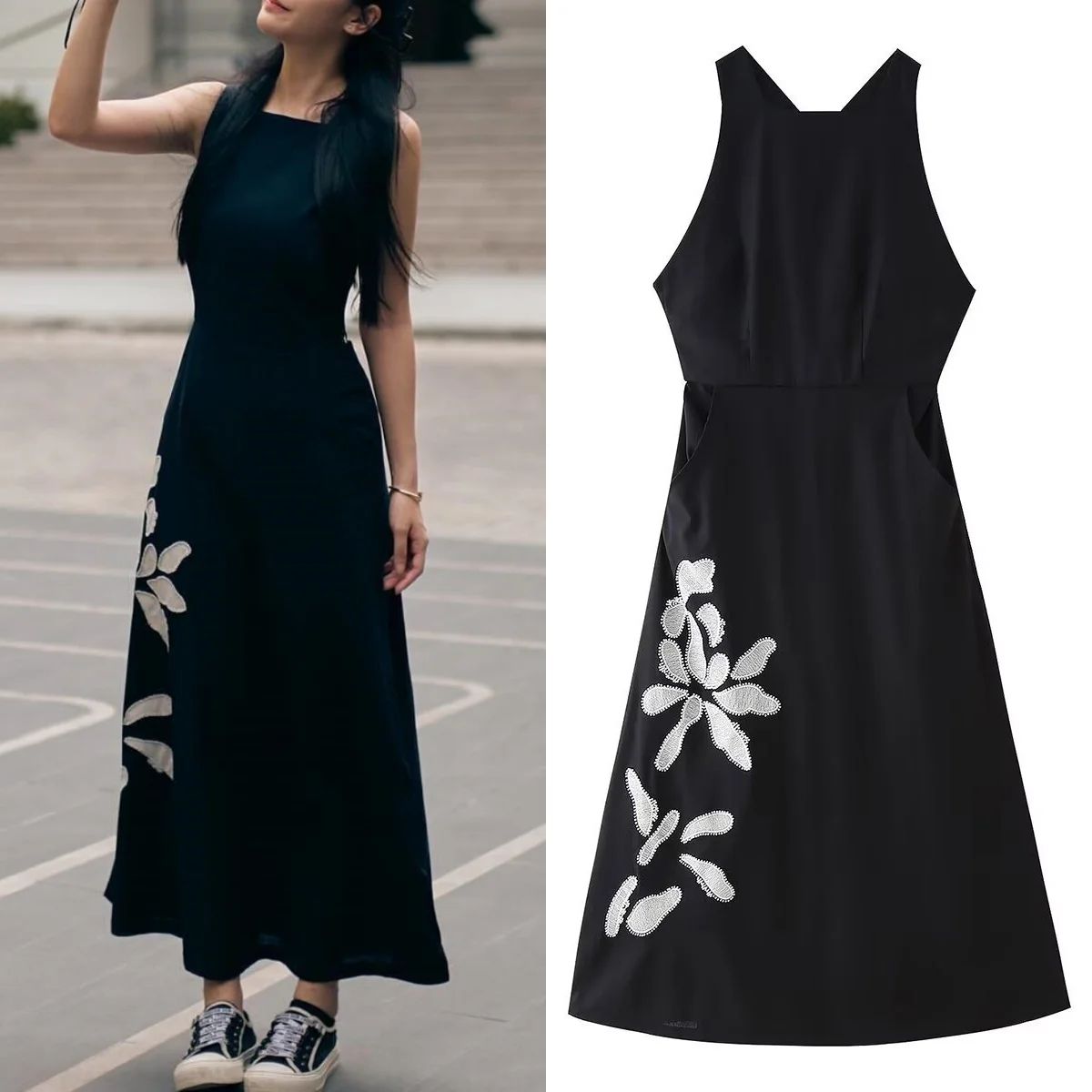 

TRAF Women's Fashion Simple Black Embroidery Flowers Contrast Color Midi Dress Sleeveless Party Long Dress 2024 New Summer