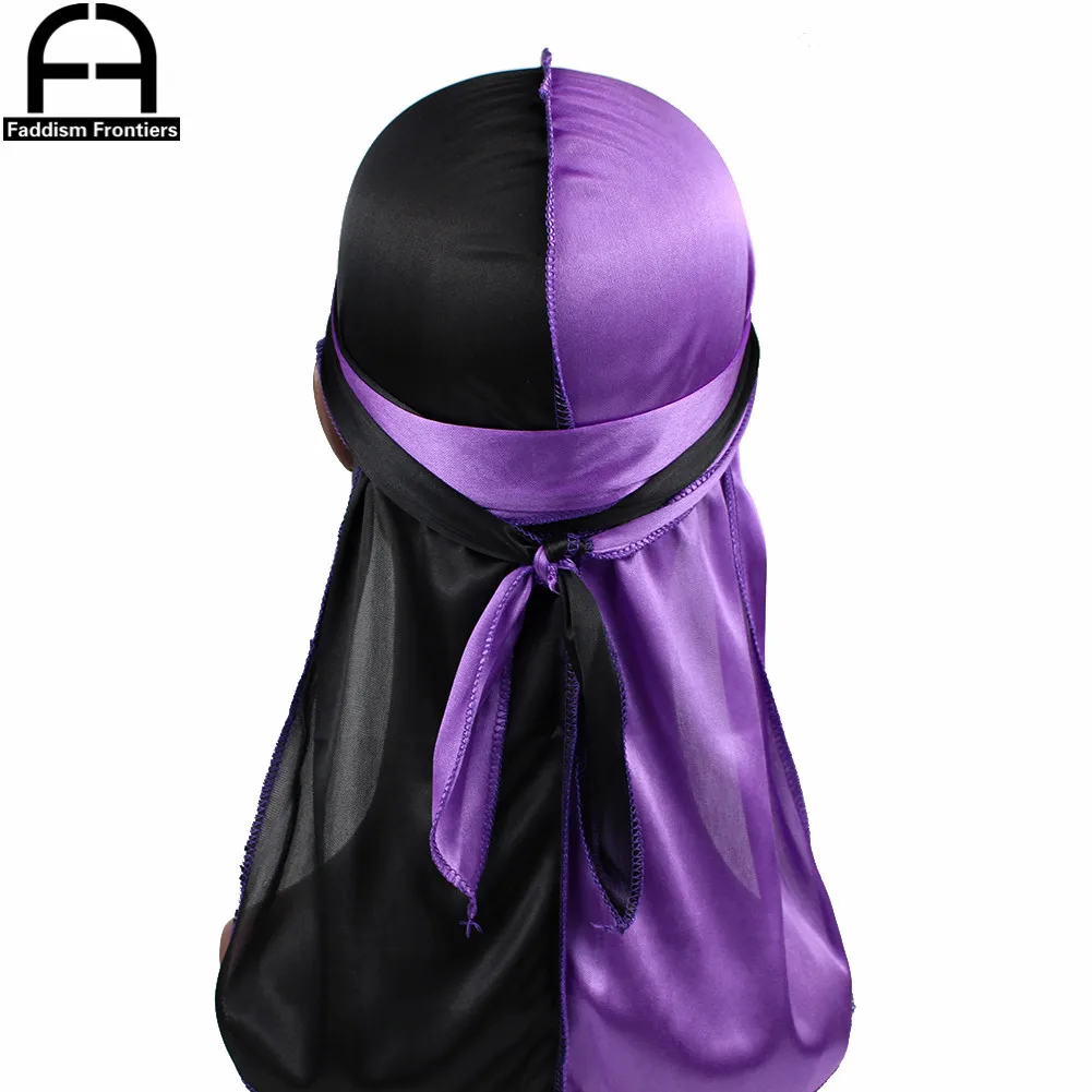 Durag en soie unisexe pour hommes, deux tons, couture extérieure soyeuse, couvre-chef Bandana, Turban, chapeau ondulé, casquette, longues bretelles