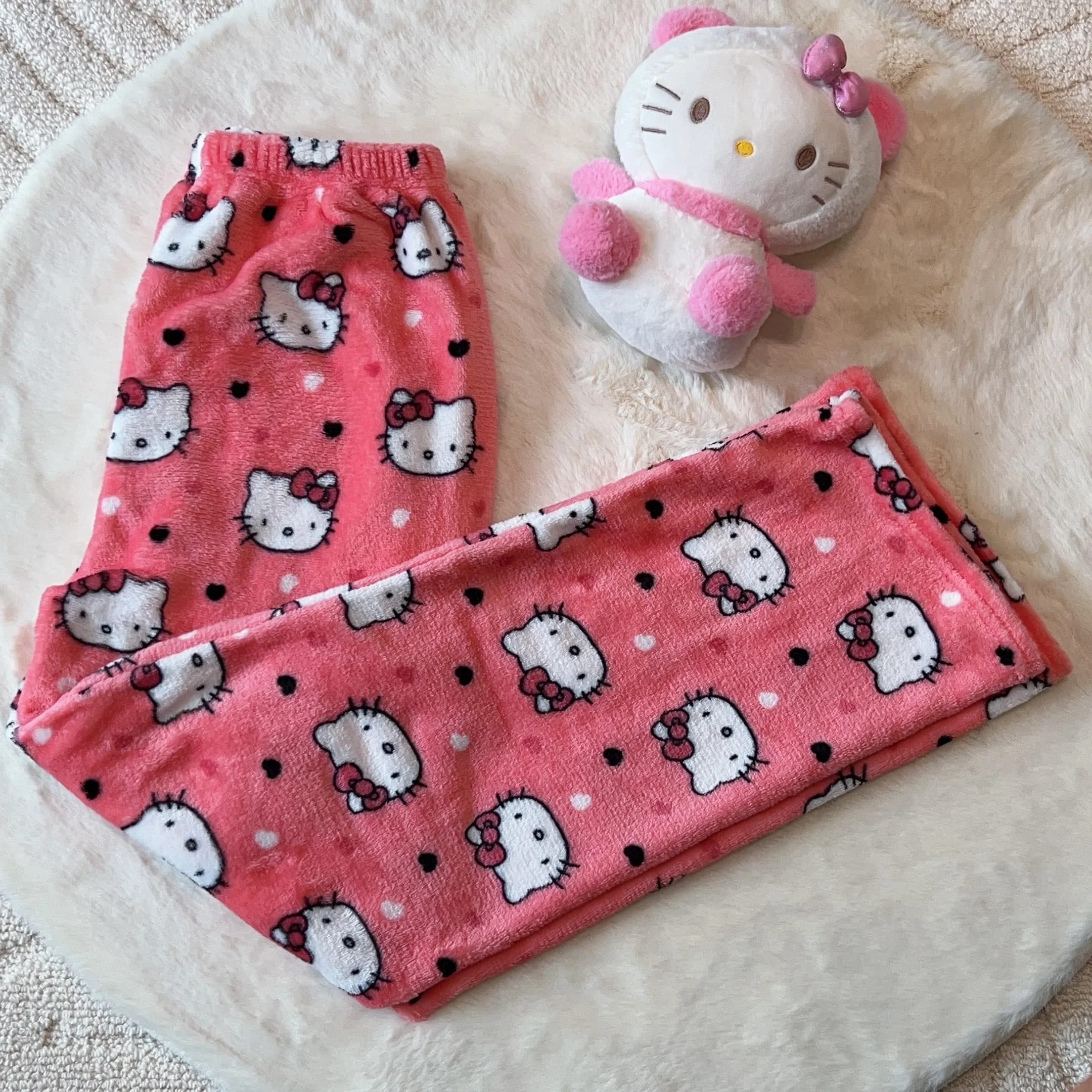 

Kawaii Sanrio Hello Kitty Girl Pajamas Pants Black Women Soft Plush Thickening Trousers Clothes Warm Female Casual Pants Y2K