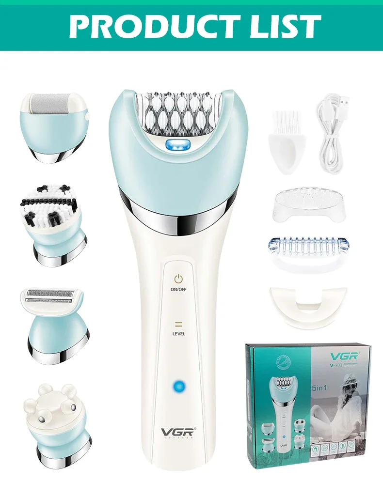 Vgr 5-in-1 Lady Shaver Epilator Set Waterproof Electric Grooming Kit_voghion.com