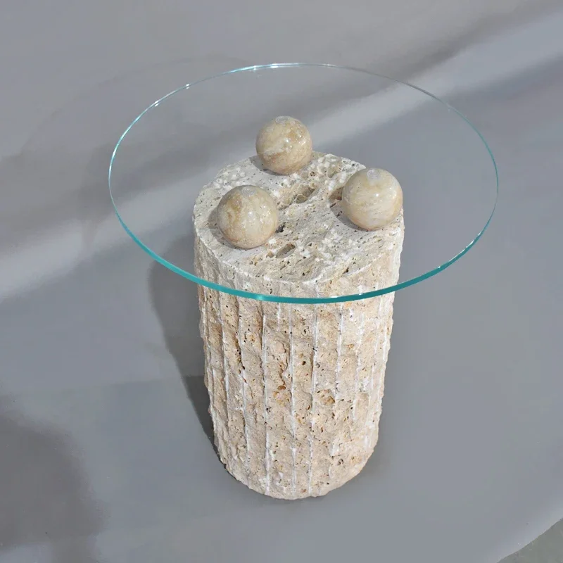 Modern Nordic Style Living Room Furniture Hallway Round Stone Travertine Side Table Glass Table Coffee
