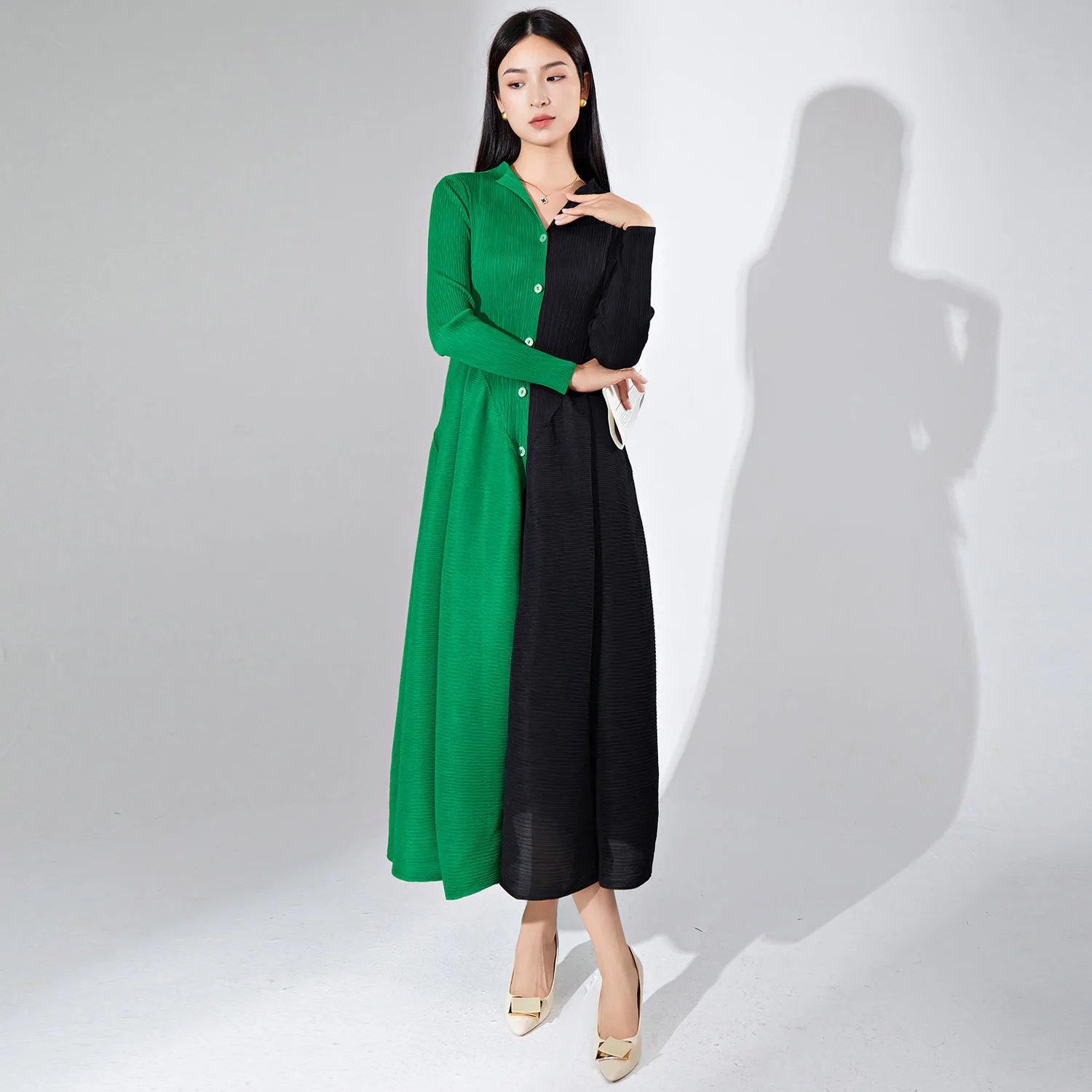 

Fashion new casual contrast color single breasted long sleeve high waist pleated dress