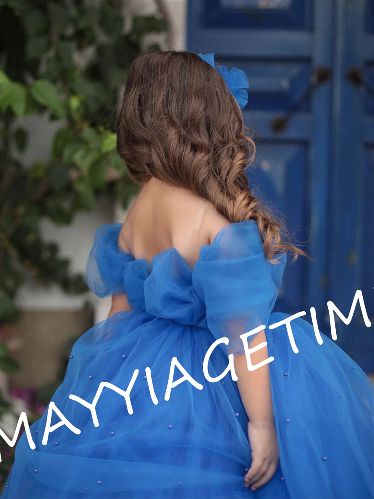 

Blue Bow Flower Girl Dress Beading Pearls A-Line Girls Princess Wedding Party Dress Off-Shoulder First Communion Gown Dress