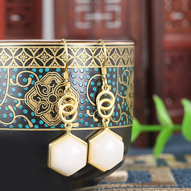 

ES004 ZFSILVER S925 Silver Korean Fashion Trendy Luxury Hetian Jade Double O Hexagon Earrings Jewelry For Women Match-all Girls