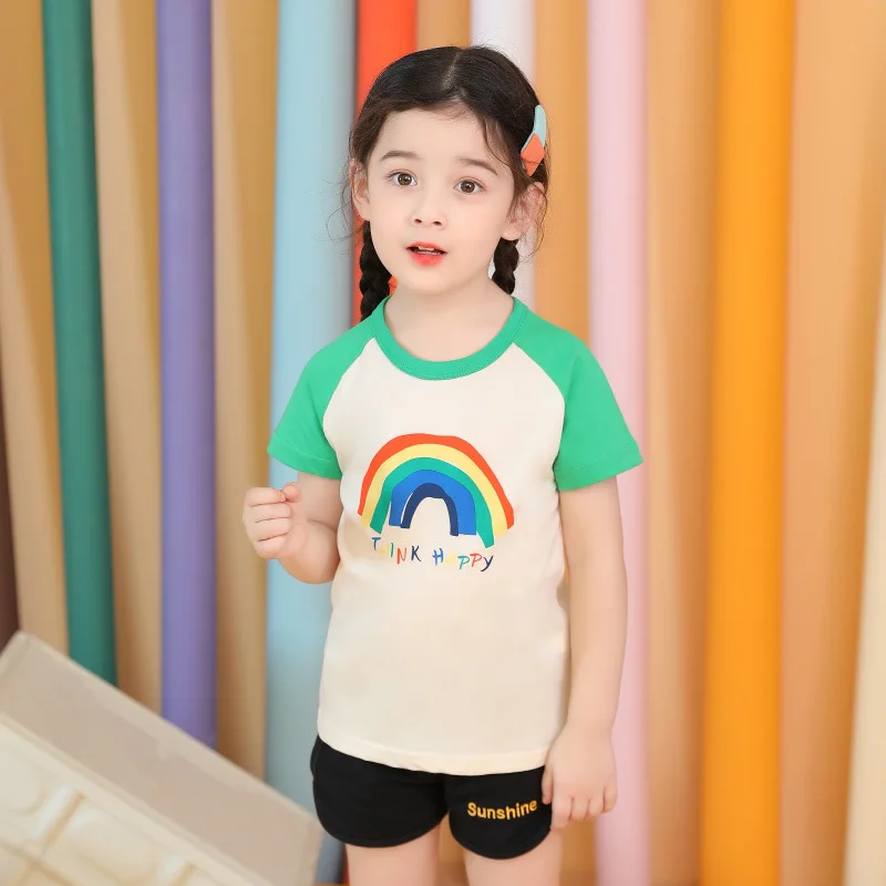 Rainbow Girls T-Shirt for Baby Kids Children Cotton Tops Summer Tees Causal Green Sleeve T Shirts Clothing 1-8 Years