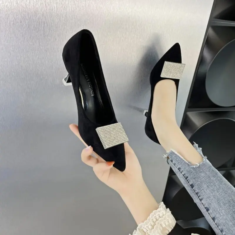 NEW High Heels Shoes for Woman 2024 Office Women's Summer Footwear Pumps Pointed Toe Black on Heeled Normal Leather Casual Trend