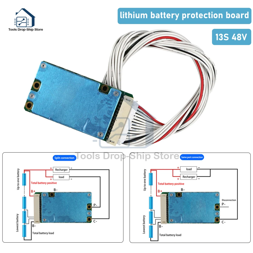 

BMS 13S 48V 15A 20A 18650 Charge PCB Lithium Battery Protection Board Common Port/Separate Port 2-in-1 For Electric Vehicle Bike