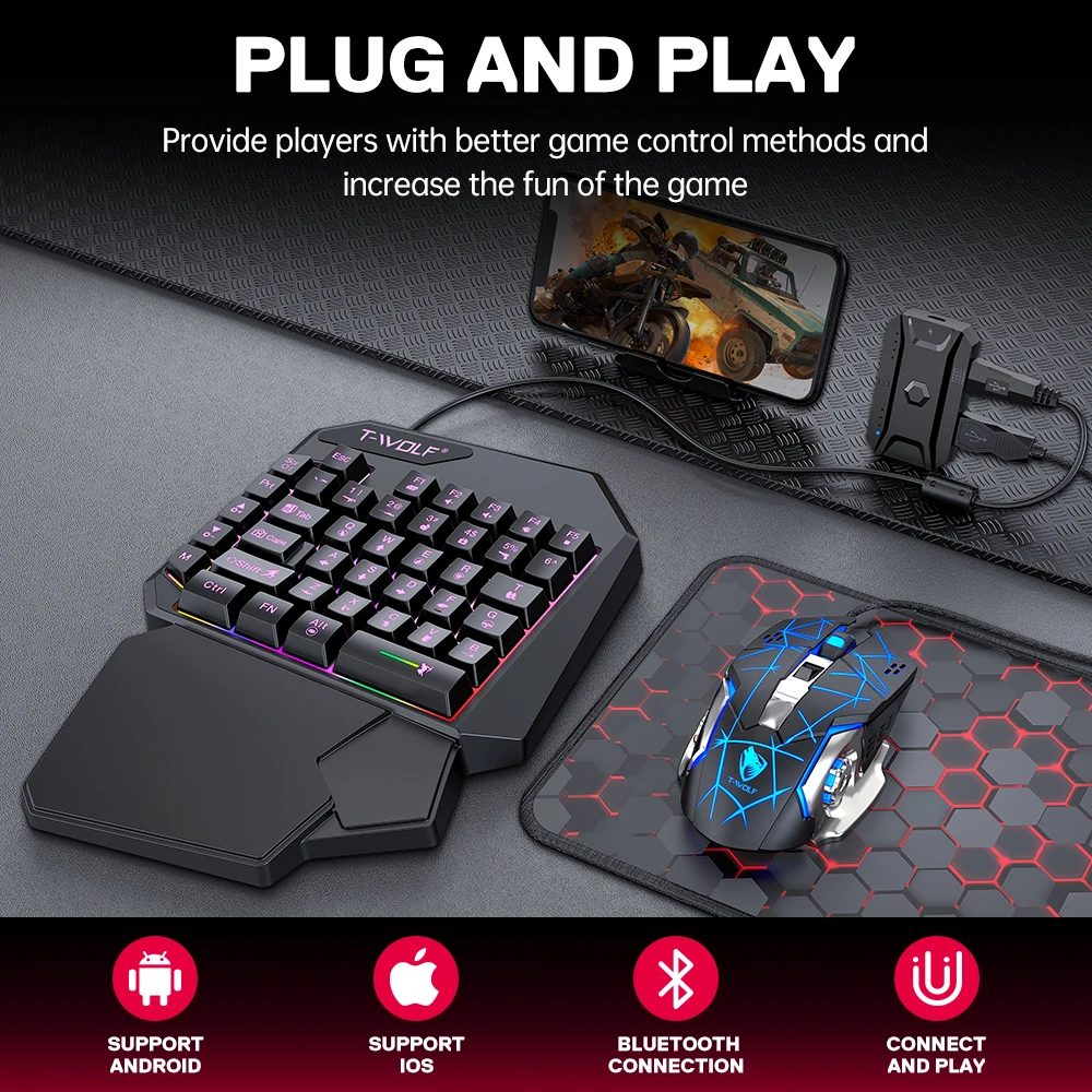 Single-handed keyboard and mouse gaming kit for "Kingdom Rush" mobile game. Left-handed keyboard.