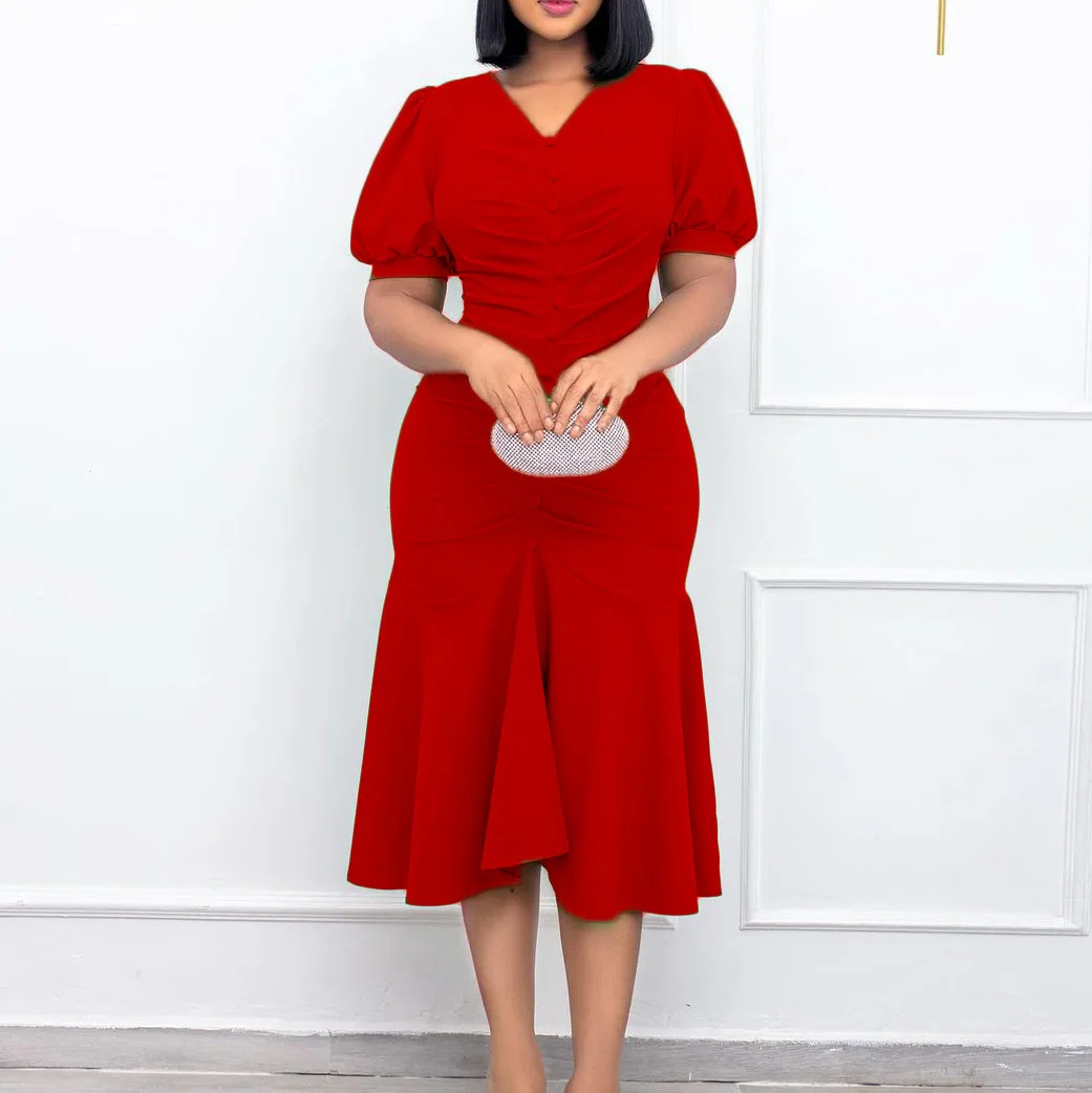

2024 Summer New Fashion Elegant Solid Color Women V-neck Short Sleeve Dress Elegant Button Pleated Temperament Commuting Dresses