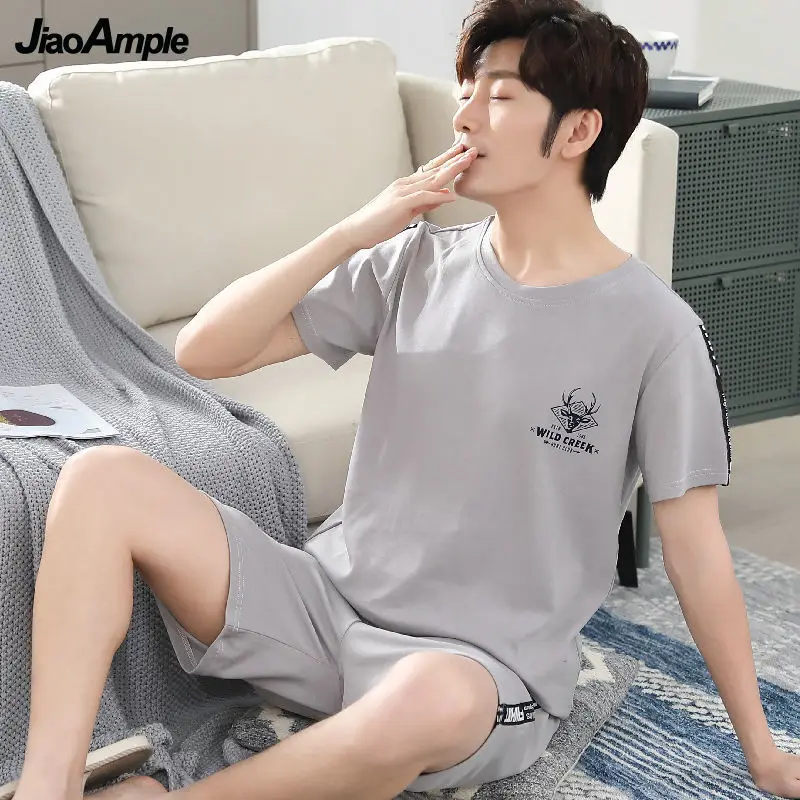 Men's Pajamas 2022 Summer New Short-sleeved Solid Cotton Pijamas Set Korean Casual Nightie Thin Loose Sleepwear Homewear Suit 100% cotton casual sports suit female korean version loose fashion summer 2021 new short sleeved shorts two piece suit