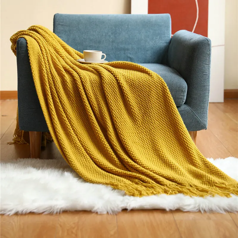 

Nordic Knitted Tassels Blanket Soild Color Corn Grain Waffle Fleece Throw Blanket Sofa Scarf Bedspread Home Decor Textile