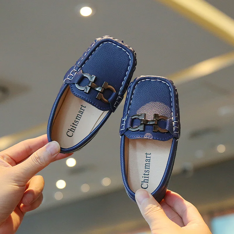 Boys Casual Flats Kids Leather Shoes Slip-on Loafers Moccasins Square Toes with Metal Buckle Fashion Classic Soft Party Shoes 6