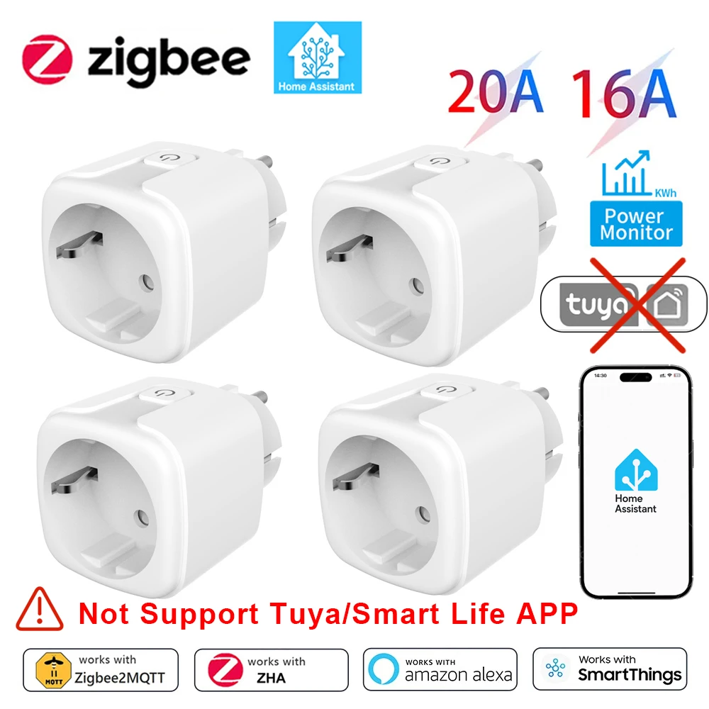 Home Assistant Zigbee EU Smart Plug 20A/16A สมาร์ทซ็อกเก็ต Power การตรวจสอบฟังก์ชั่นจับเวลา APP Control ทํางานร่วมกับ Alexa Z2M 1