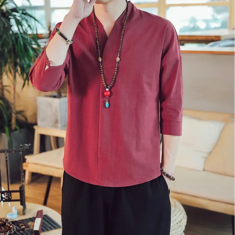 M-5XL Plain Color Autumn Long Sleeve Traditional Chinese Blouse V-Neck Traditional Chinese Clothing For Men Shirt Male