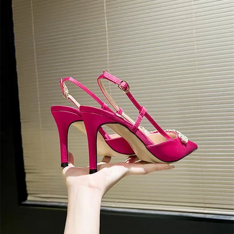 Rhinestone Satin Pointed Toe High Heels Women Elegant Diamond Wedding Shoe Slingbacks Pumps Luxury Designer Party Sandals Ladies