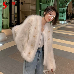 2023 New Winter Ladies Double-Breasted Faux Fox Fur Short Coat Women Fashion Streetwear  Light Luxury Tweed Stitching Fur Jacket