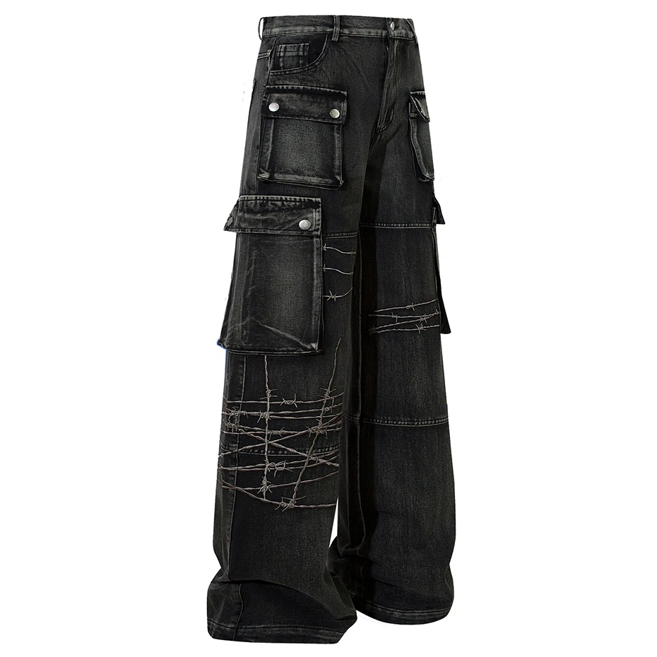 Loose Wide Leg Denim Pants Men Black Baggy Jeans Embroidery Multi Pocket Oversized Cargo Jeans Hip Hop Streetwear Man Jeans 5