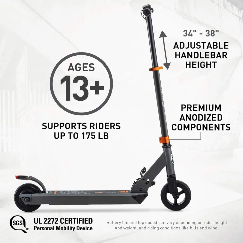 React Electric Kids Scooter, Boys & Girls Ages 8+, Max Speed 6-15 MPH, Aluminum Handlebars and Frame, Rear Foot Brake,