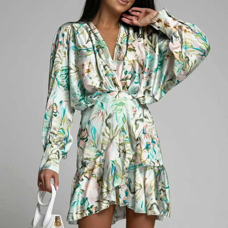 

Sexy V-neck High Waist Pleated Satin Dress Women Spring Floral Print A-Line Party Dress New Autumn Long Sleeve Office Mini Dress