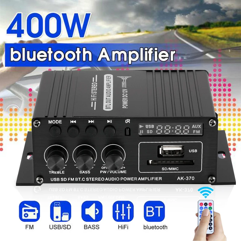 

AK380/AK370/AK170 400W*2 2 Channel bluetooth HiFi Power Amplifier Home Car Audio Class D Remote Control FM Radio AUX USB/SD