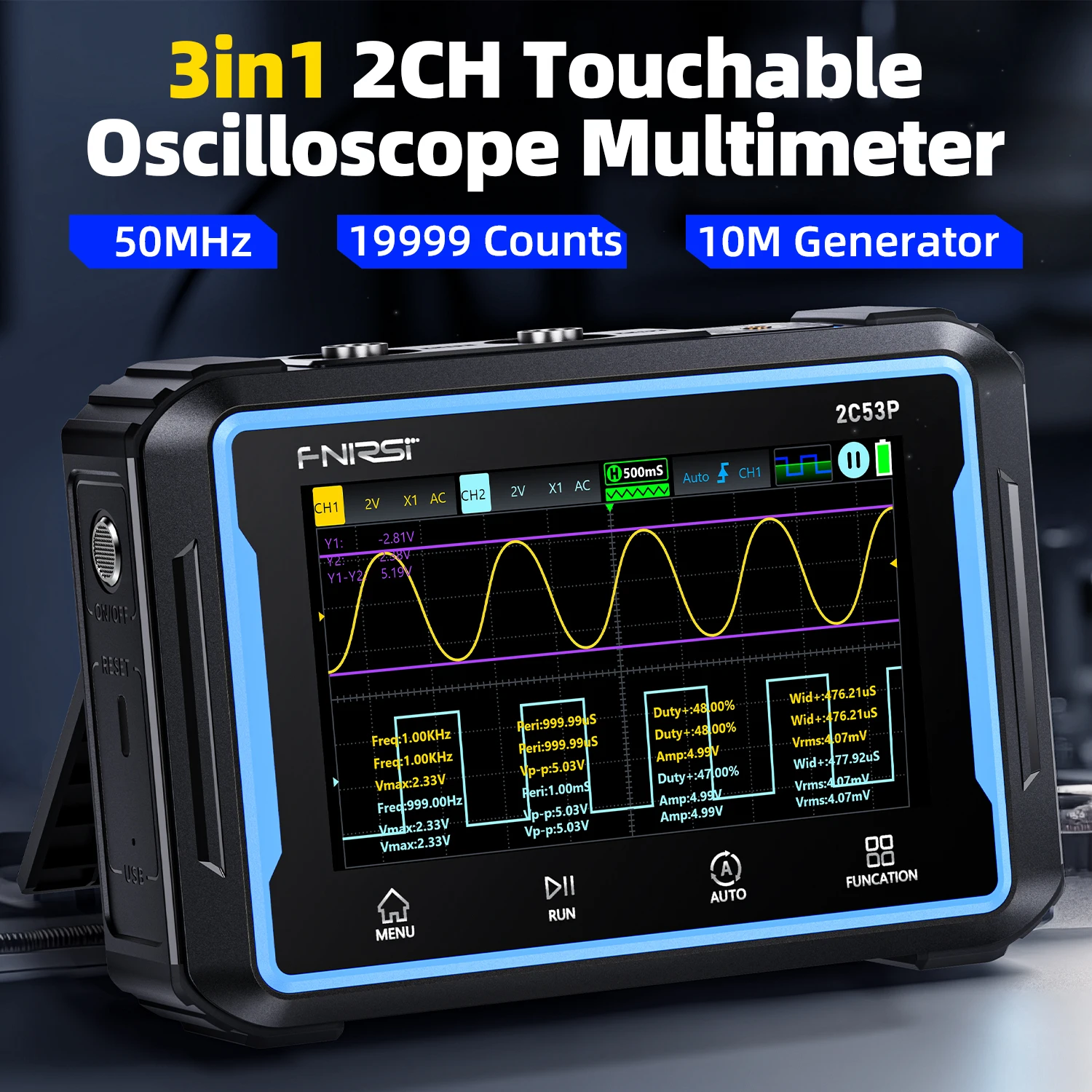 Digital Multimeter Digital Oscilloscope Signal Generator FNIRSI 2C53P Touch Screen Digital Oscilloscope + Multimeter + Signal Generator 3IN1 Dual Channel 50MHZ Automatic Oscilosc&oacute;pio Tools