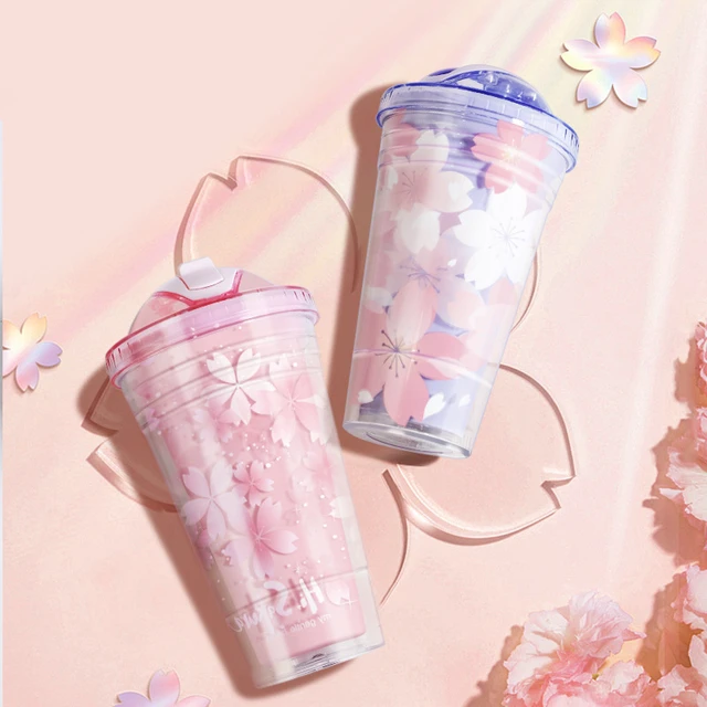 Cute Cat Tumbler with Lid and Straw - Cherry Blossom Sakura Cat