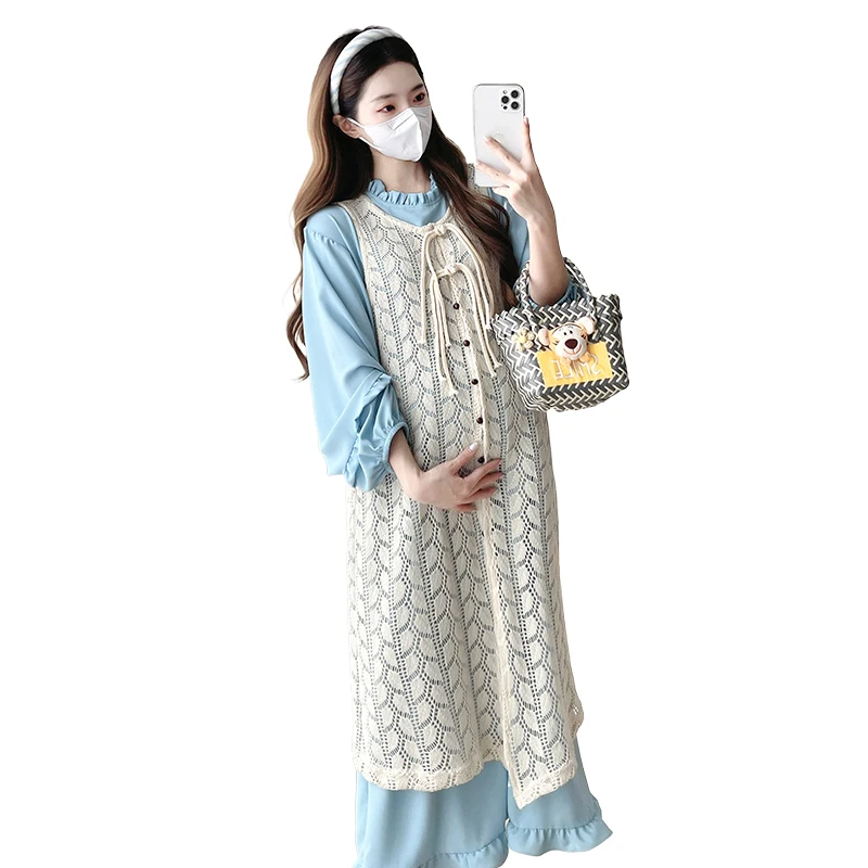 Maternity Clothes Korean Suit Autumn Fungus Edge Blue Dress Stacked with Knitted Vest Two Pieces Set