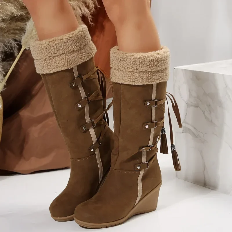 

Shoes Ladies 2023 High Quality Lace Up Women's Boots Winter Round Toe Solid Flock Warm Mid-Calf Mid Heel Roman Boots Zapatos